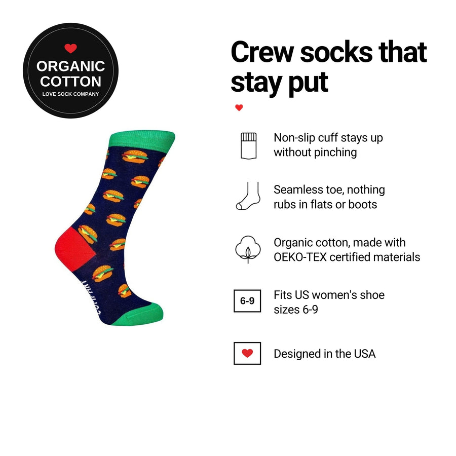 Burger Navy women's crew socks features: organic cotton, non-slip cuff, seamless toe, fits women's 6-9