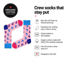 Chameleon Pink women's crew socks features: organic cotton, non-slip cuff, seamless toe, fits women's 6-9