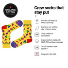 Funky Hearts Yellow women's crew socks features: organic cotton, non-slip cuff, seamless toe, fits women's 6-9