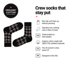Houndstooth women's crew socks features: organic cotton, non-slip cuff, seamless toe, fits women's 6-9