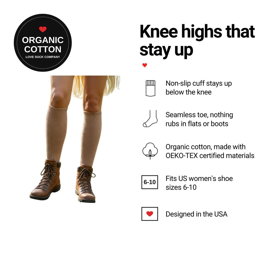 Latte Brown women's knee-high socks features: organic cotton, stay-up cuff, seamless toe, fits women's 6-10