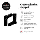 Mini Hearts Black women's crew socks features: organic cotton, non-slip cuff, seamless toe, fits women's 6-9