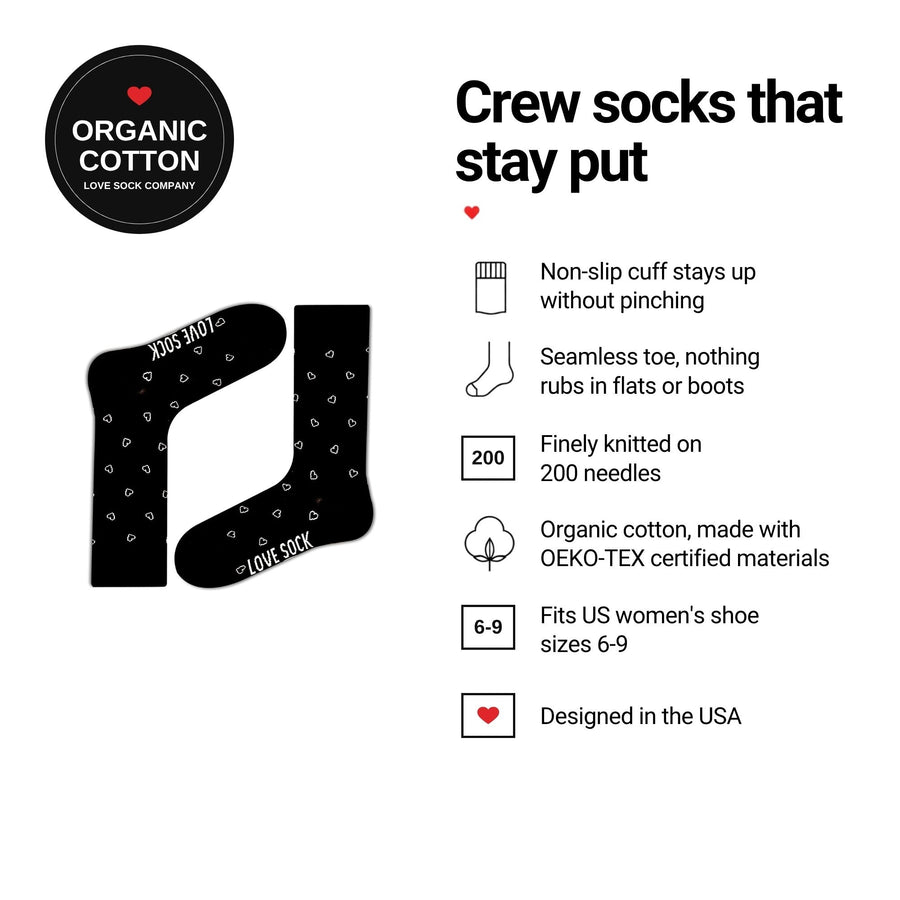 Mini Hearts Black women's crew socks features: organic cotton, non-slip cuff, seamless toe, fits women's 6-9