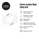 Mini Hearts White women's crew socks features: organic cotton, non-slip cuff, seamless toe, fits women's 6-9