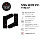 Mini Polka Black women's crew socks features: organic cotton, non-slip cuff, seamless toe, fits women's 6-9