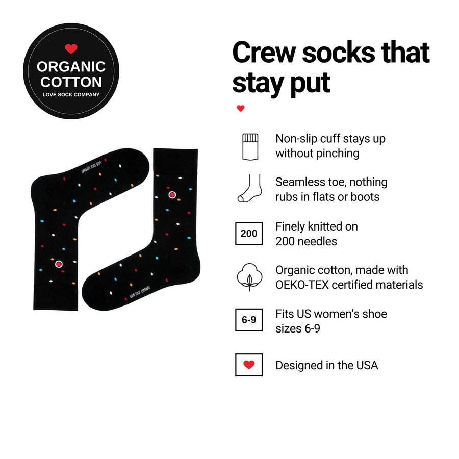 Mini Polka Black women's crew socks features: organic cotton, non-slip cuff, seamless toe, fits women's 6-9