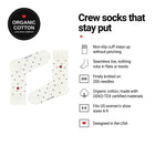 Mini Polka White women's crew socks features: organic cotton, non-slip cuff, seamless toe, fits women's 6-9