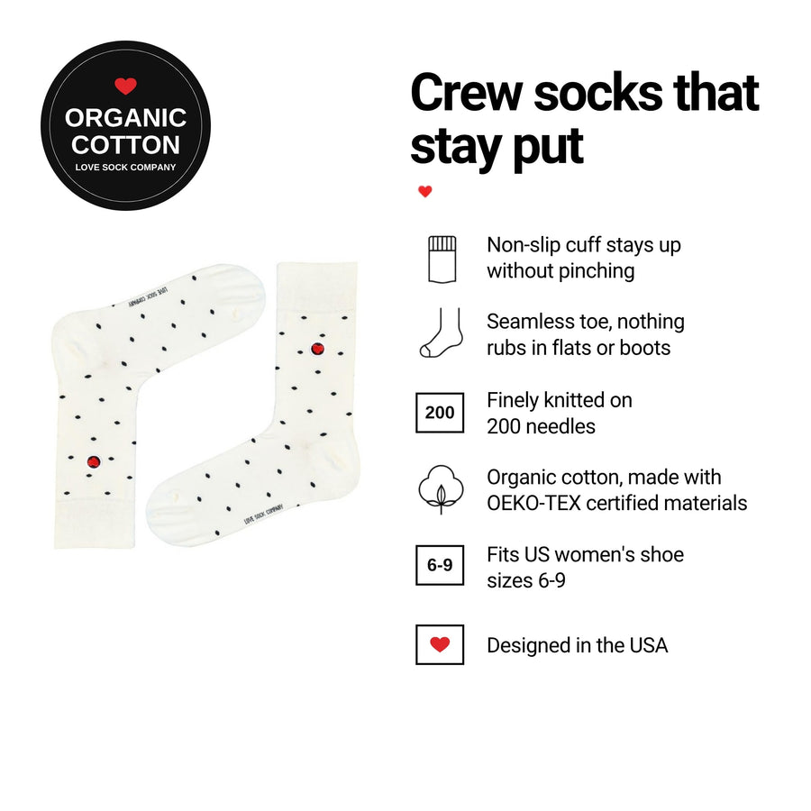 Mini Polka White women's crew socks features: organic cotton, non-slip cuff, seamless toe, fits women's 6-9