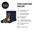 Love Sock Company Navy 3-pack women's crew socks features: organic cotton, non-slip cuff, seamless toe, fits women's 6-9