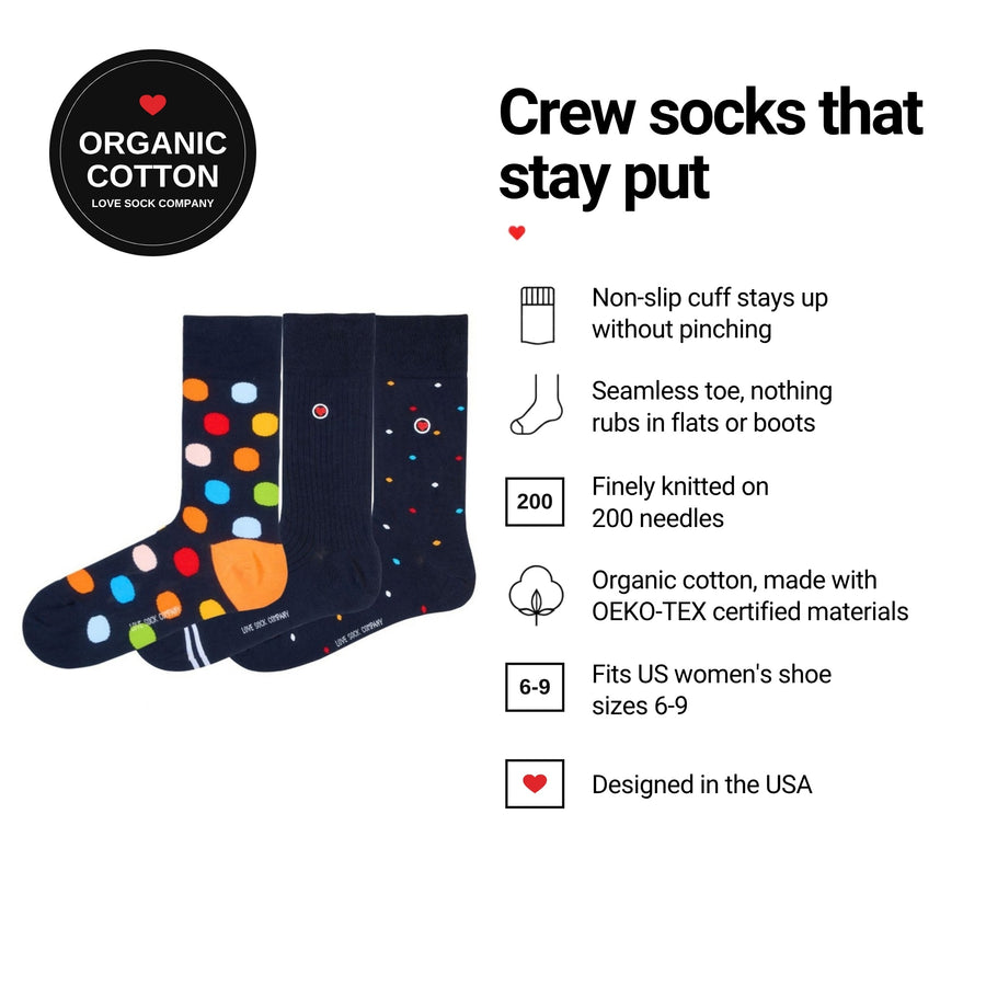 Love Sock Company Navy 3-pack women's crew socks features: organic cotton, non-slip cuff, seamless toe, fits women's 6-9