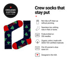Ornament Tree women's crew socks features: organic cotton, non-slip cuff, seamless toe, fits women's 6-9
