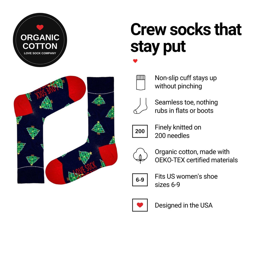 Ornament Tree women's crew socks features: organic cotton, non-slip cuff, seamless toe, fits women's 6-9