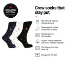Love Sock Company Paris 3-pack women's crew socks features: organic cotton, non-slip cuff, seamless toe, fits women's 6-9