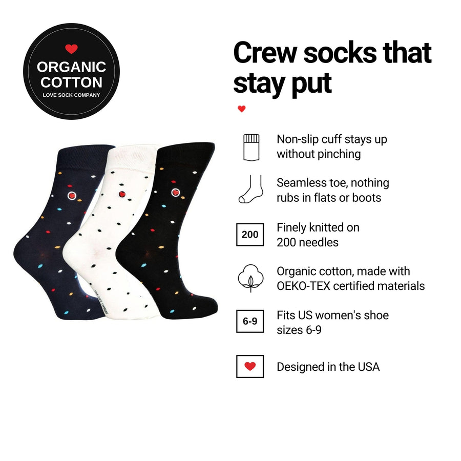 Love Sock Company Paris 3-pack women's crew socks features: organic cotton, non-slip cuff, seamless toe, fits women's 6-9