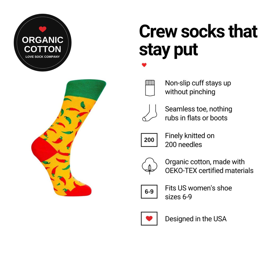 Peppers Yellow women's crew socks features: organic cotton, non-slip cuff, seamless toe, fits women's 6-9