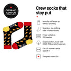 Pizza Black women's crew socks features: organic cotton, non-slip cuff, seamless toe, fits women's 6-9
