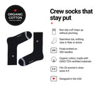 Ribbed Black women's crew socks features: organic cotton, non-slip cuff, seamless toe, fits women's 6-9