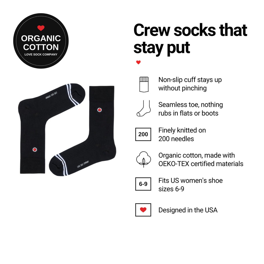 Ribbed Black women's crew socks features: organic cotton, non-slip cuff, seamless toe, fits women's 6-9