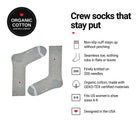 Ribbed Grey women's crew socks features: organic cotton, non-slip cuff, seamless toe, fits women's 6-9