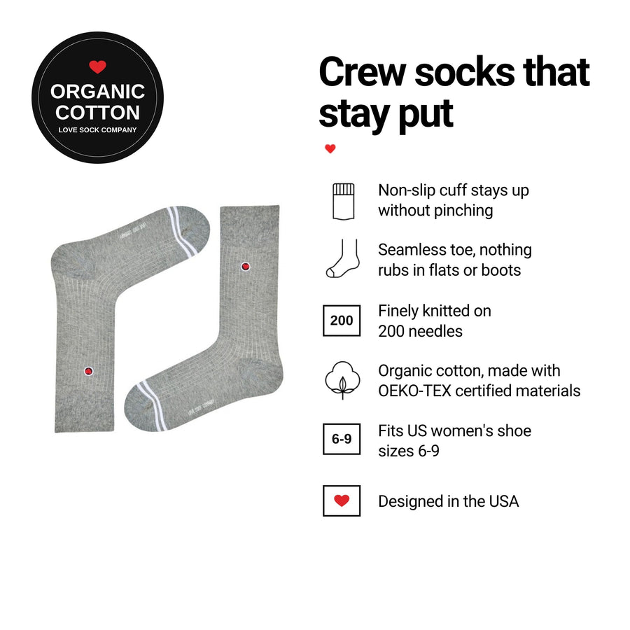 Ribbed Grey women's crew socks features: organic cotton, non-slip cuff, seamless toe, fits women's 6-9