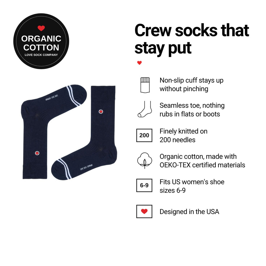 Ribbed Navy women's crew socks features: organic cotton, non-slip cuff, seamless toe, fits women's 6-9