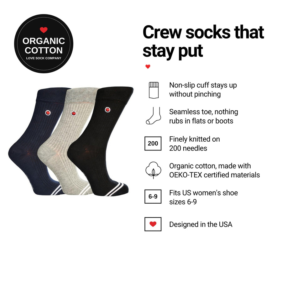 Love Sock Company Ribbed Solid 3-pack women's crew socks features: organic cotton, non-slip cuff, seamless toe, fits women's 6-9