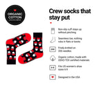 Santa Black women's crew socks features: organic cotton, non-slip cuff, seamless toe, fits women's 6-9