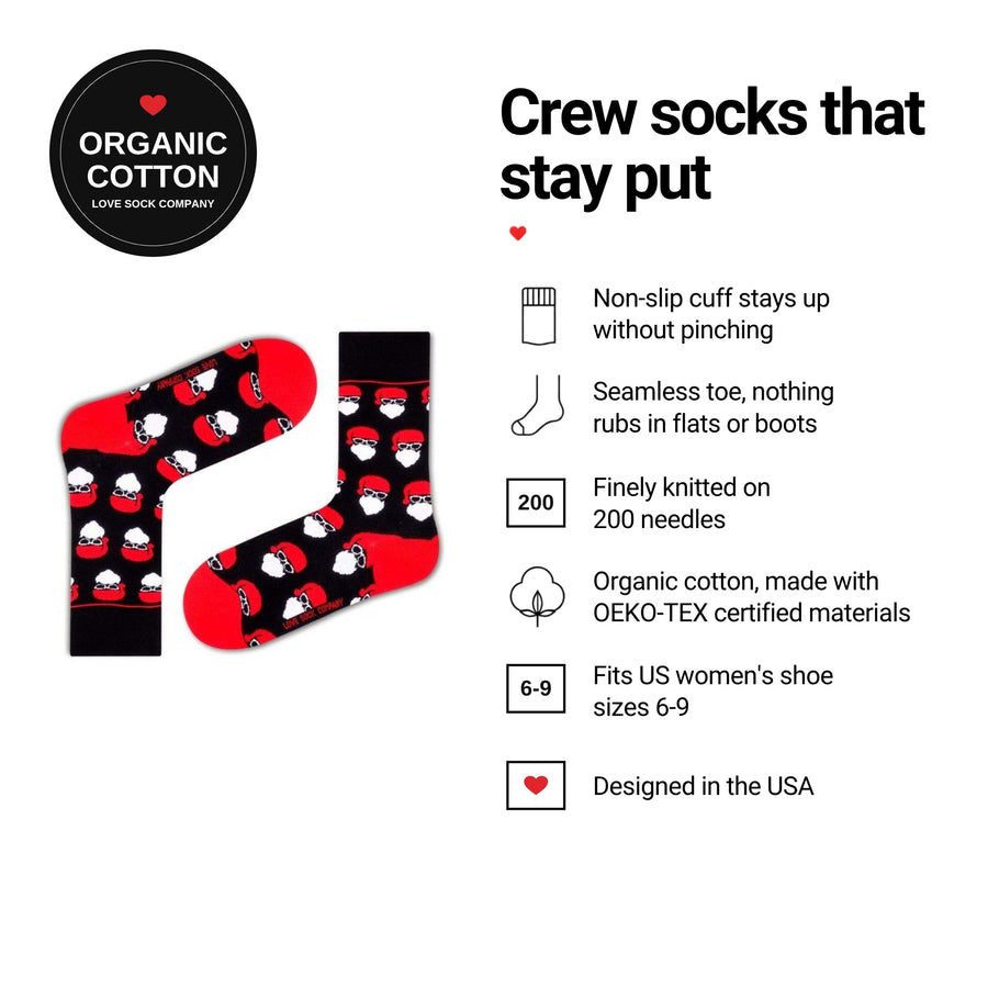 Santa Black women's crew socks features: organic cotton, non-slip cuff, seamless toe, fits women's 6-9