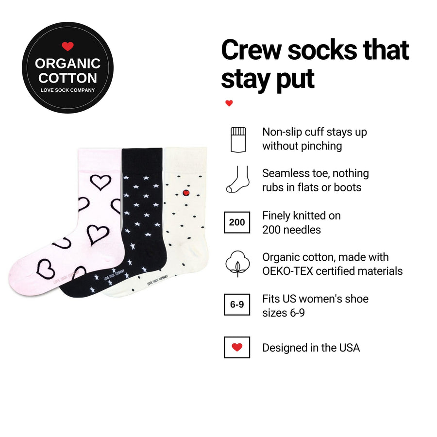 Love Sock Company White 3-pack women's crew socks features: organic cotton, non-slip cuff, seamless toe, fits women's 6-9
