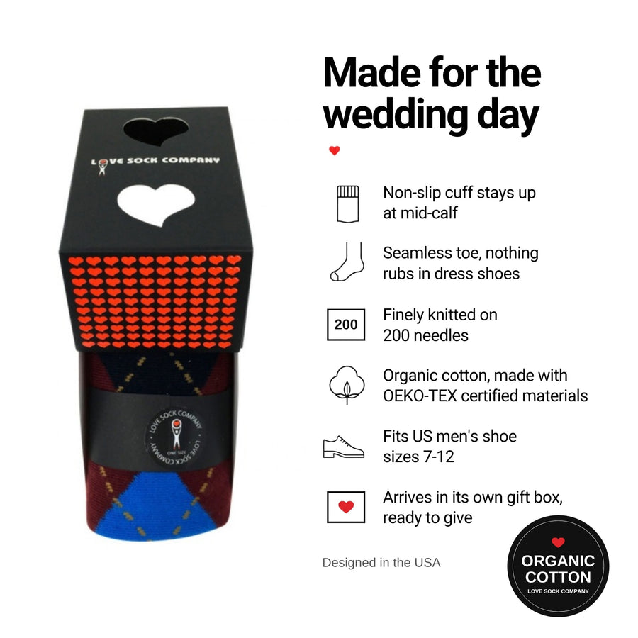 Argyle Burgundy groomsmen socks in gift box, features with organic cotton badge