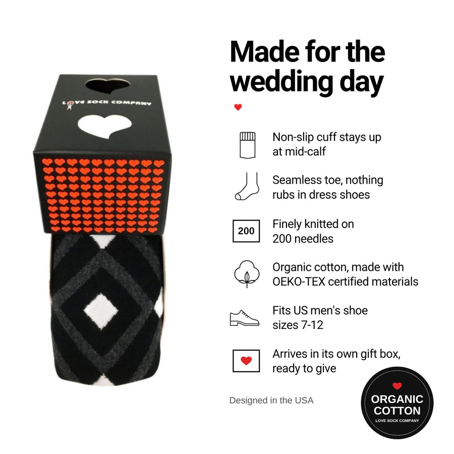 Mirrors Black groomsmen socks in gift box, features with organic cotton badge