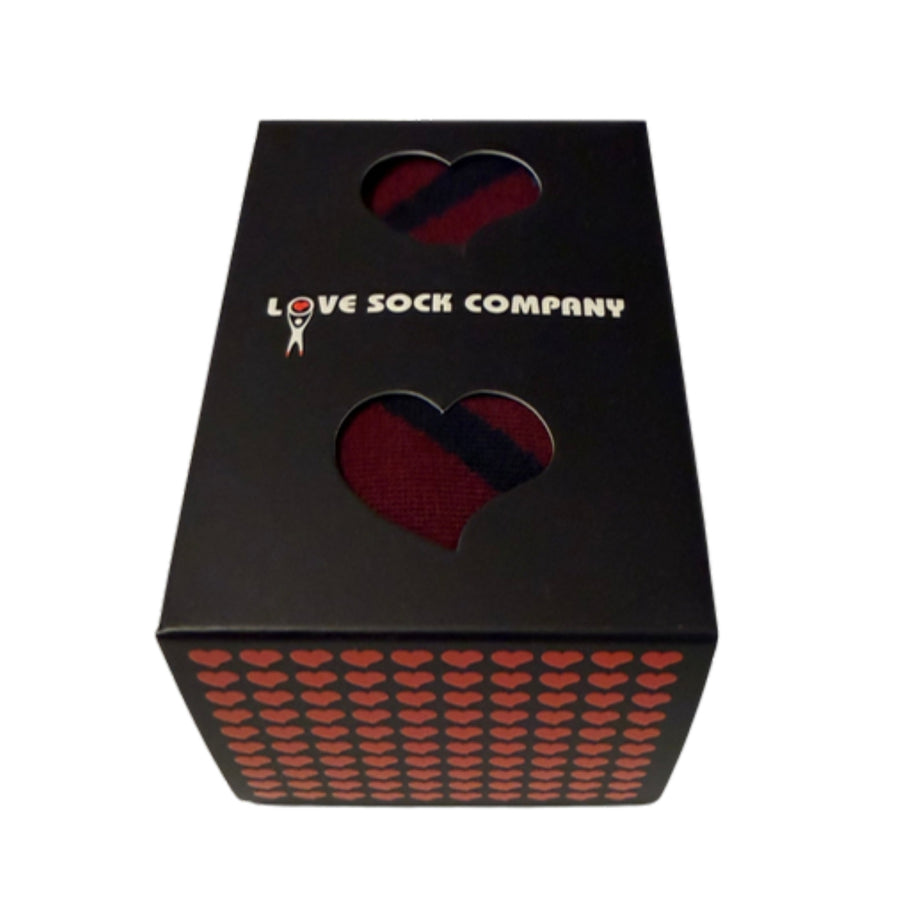 Mirrors Burgundy groomsmen socks in closed gift box with heart windows