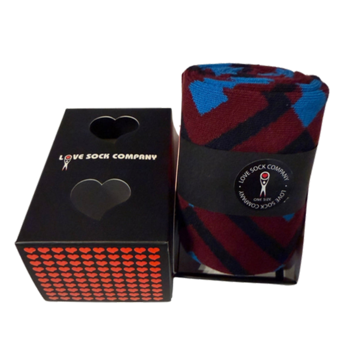 Mirrors Burgundy groomsmen socks beside their gift box