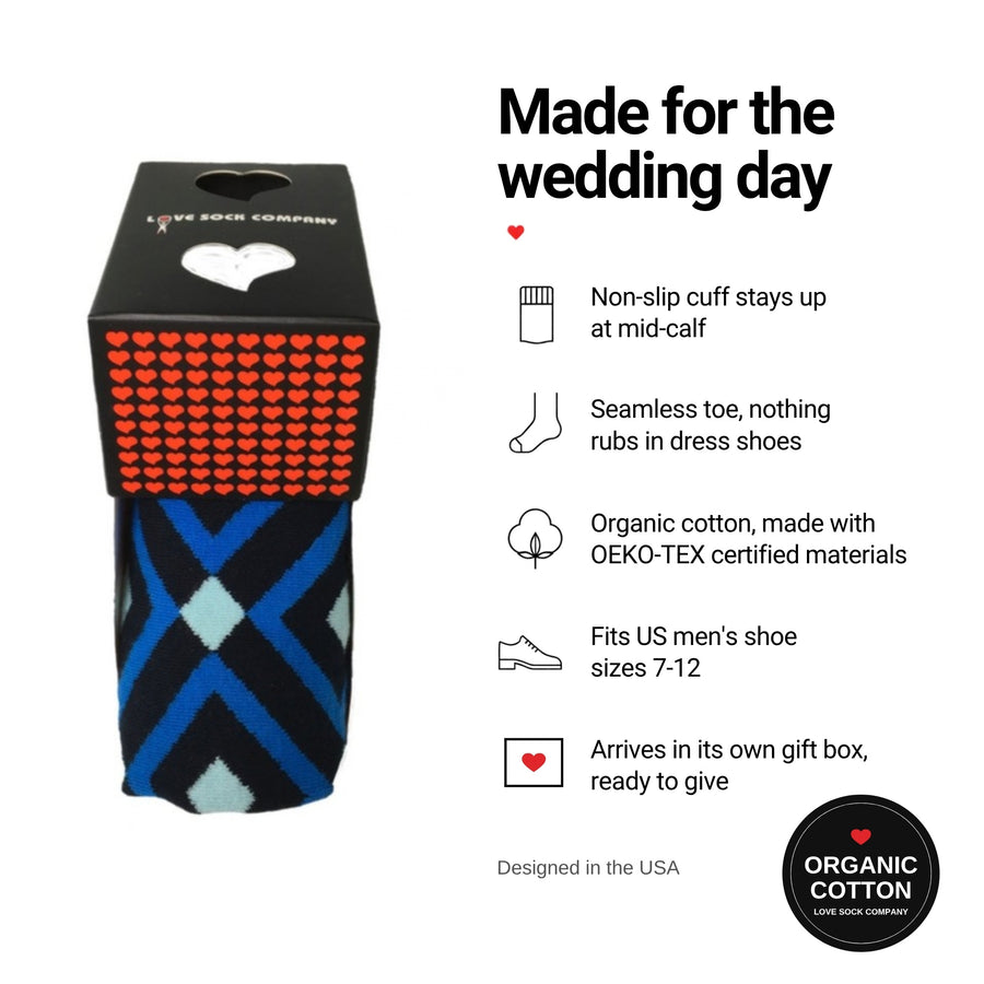 Mirrors Navy groomsmen socks in gift box, features with organic cotton badge