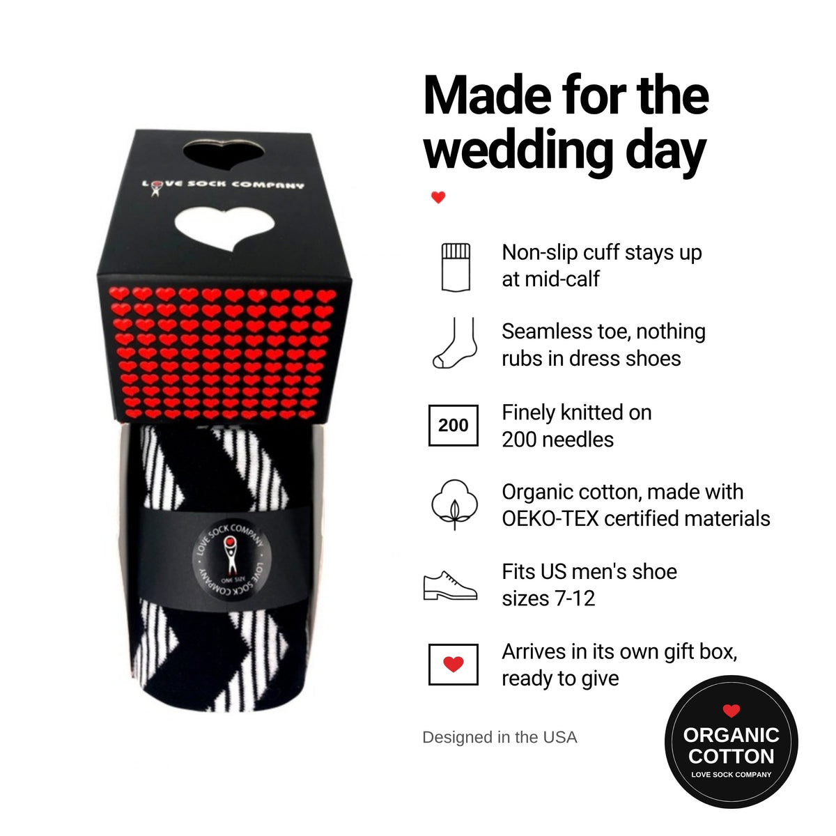 Zig Zag Black groomsmen socks in gift box, features with organic cotton badge