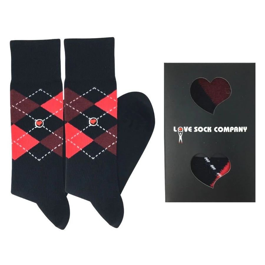 Argyle Groomsmen Socks Navy and Red, a pair shown with the Love Sock Company gift box