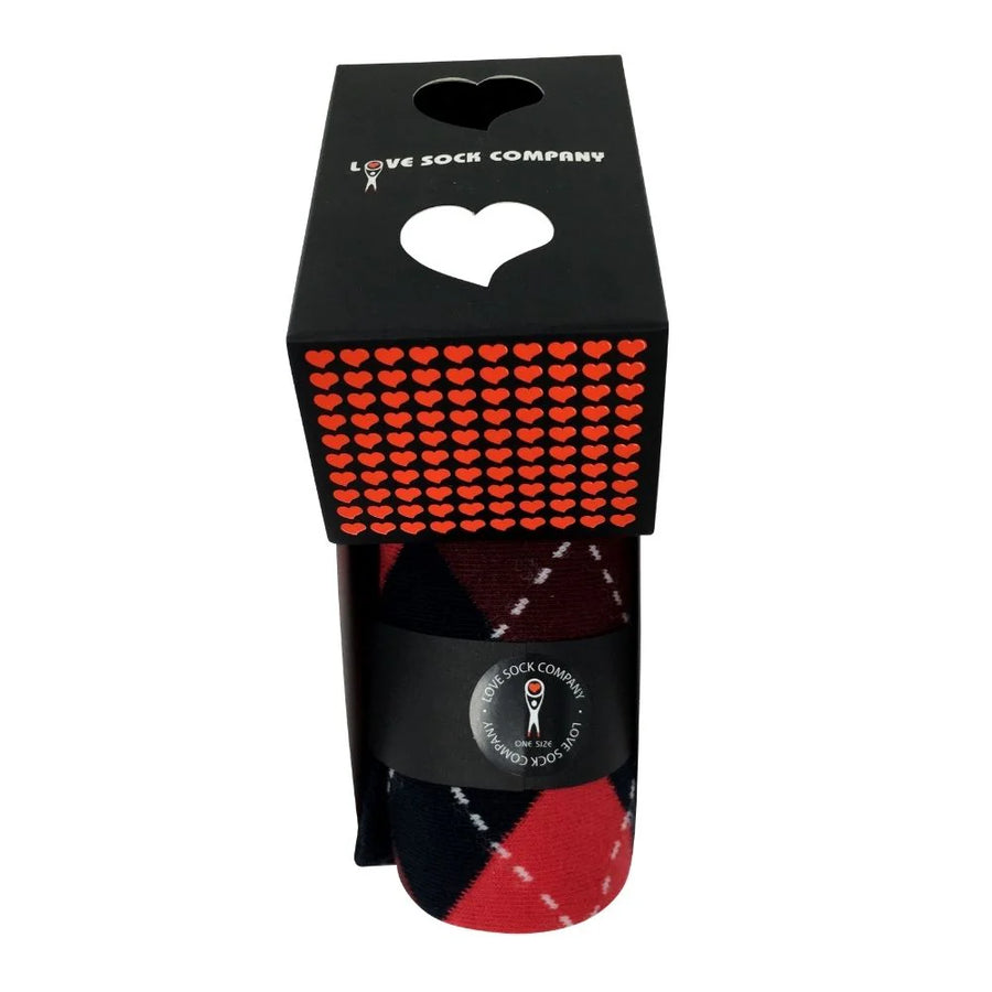 Argyle Groomsmen Socks Navy and Red folded in a Love Sock Company gift box