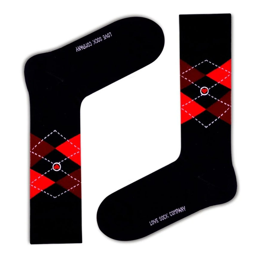 Argyle Groomsmen Socks Navy and Red with heart embroidery, front and back view