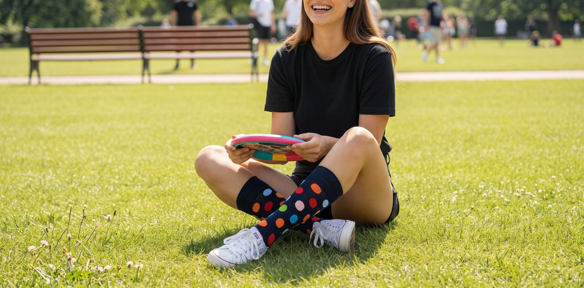 Woman sitting in a park wearing black Big Polka crew socks with sneakers