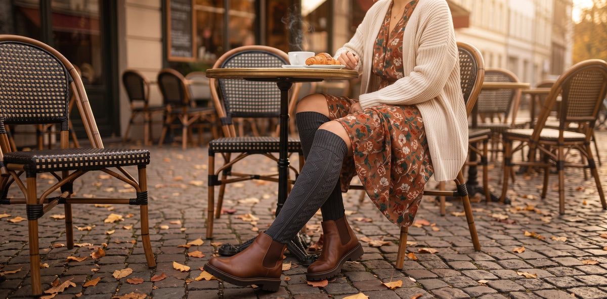 Woman at a cafe wearing grey knee-high socks