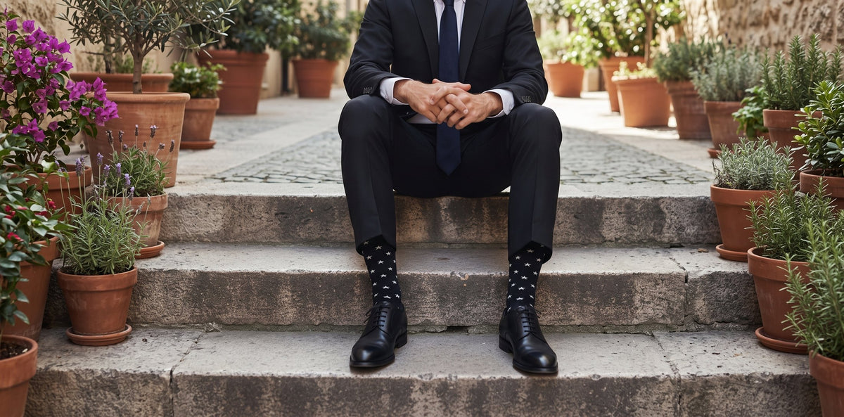Man in a black suit wearing black star pattern dress socks on garden steps