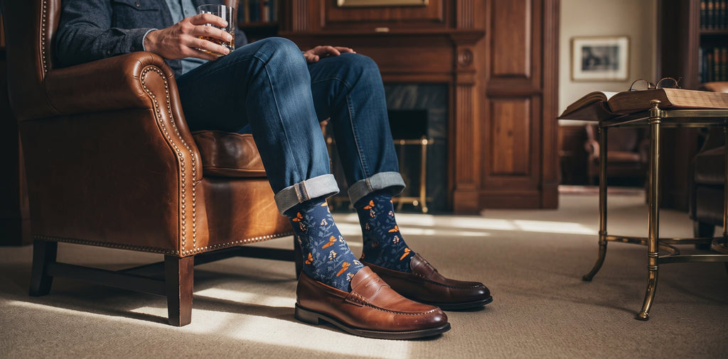 Man in a leather armchair wearing navy Butterfly mid-calf dress socks with loafers