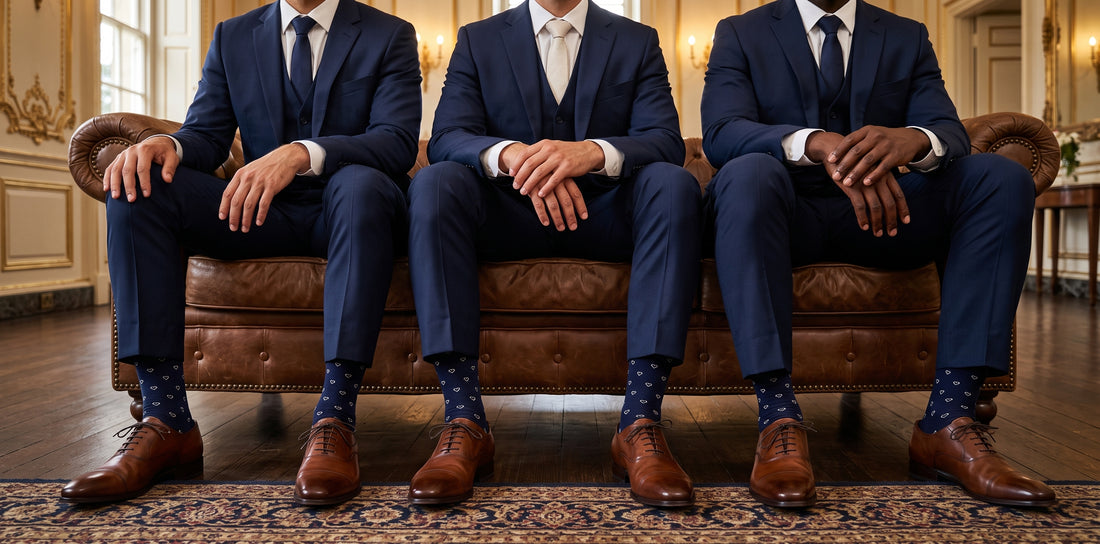 Groomsmen in navy suits wearing matching Mini Hearts Navy dress socks
