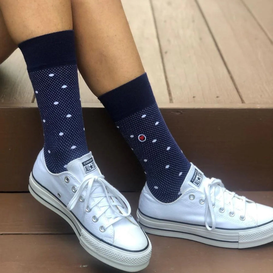 Polka Night Women's Luxury Crew Socks Navy Blue (W) - LOVE SOCK COMPANY