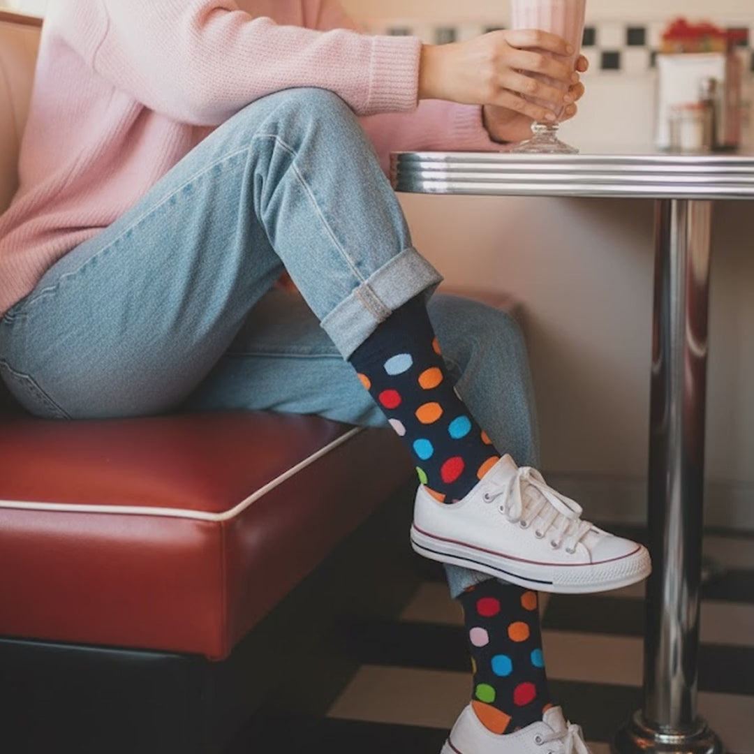 Video of Love Sock Company Women's Big Polka Navy crew dress socks