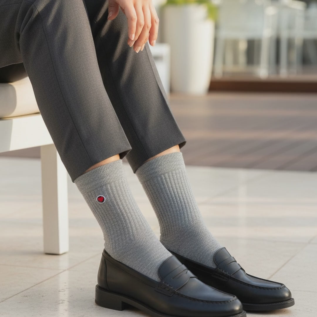 Video of Love Sock Company Women's Ribbed Grey seamless dress socks