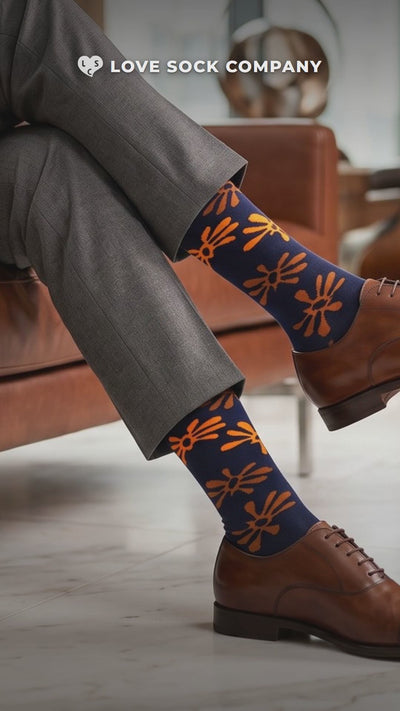 Video of Love Sock Company Flowers Navy men's mid-calf dress socks, organic cotton