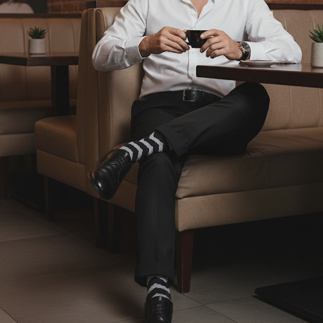 Video of Love Sock Company Men's Dress Socks - Zig Zag Black