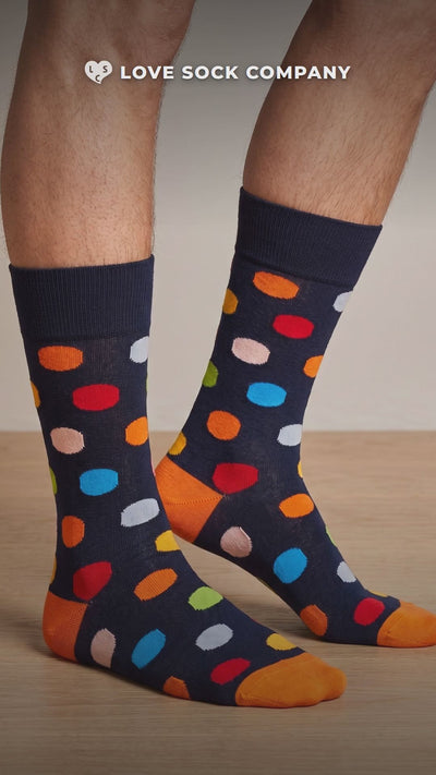Video of Love Sock Company Big Polka Navy men's mid-calf dress socks, organic cotton