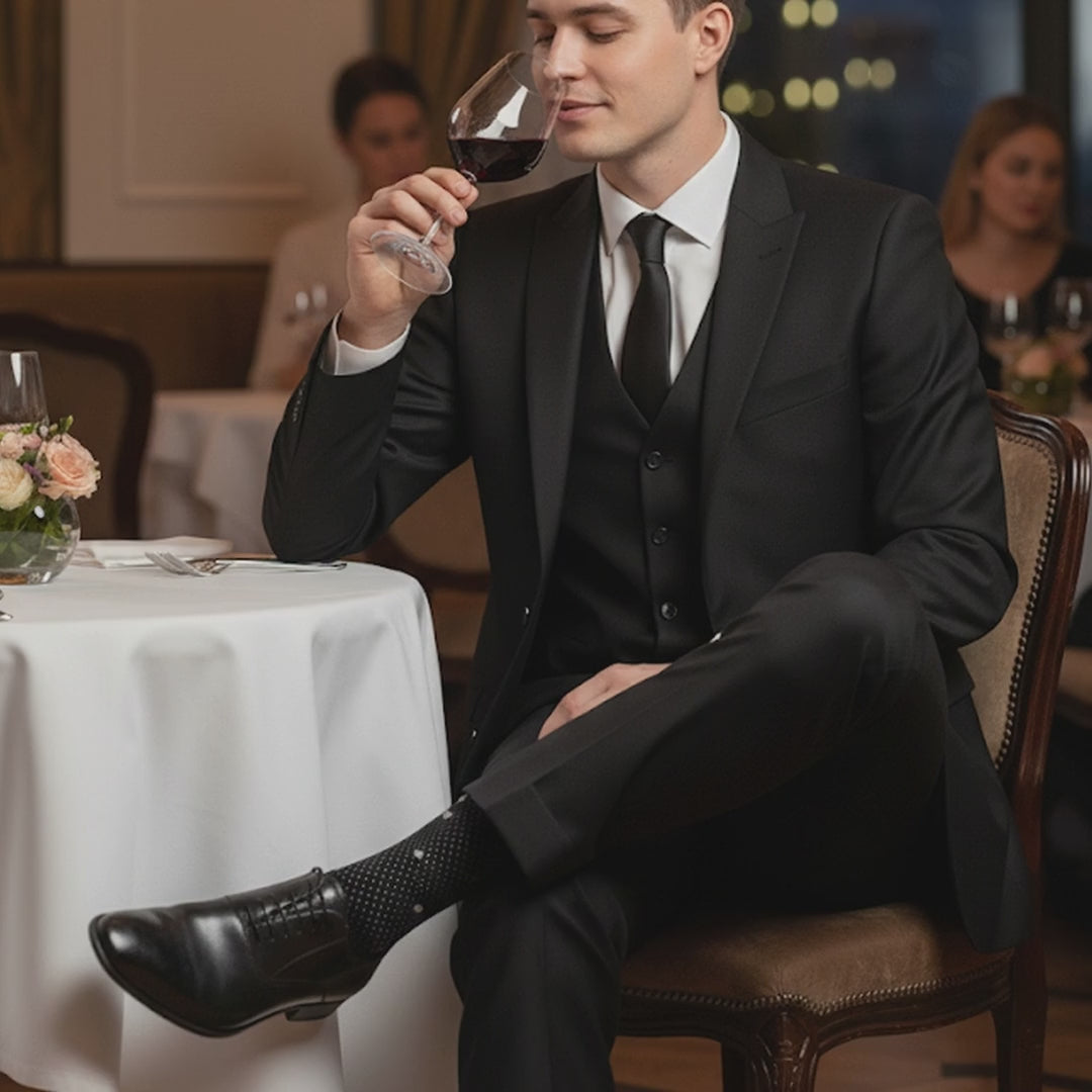Video of Love Sock Company Men's Mid-Calf Dress Socks - Polka Night Black